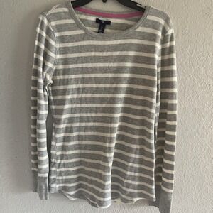 Gap Women's Grey White Striped Waffle Knit Thermal Long Sleeve Top L Cozy